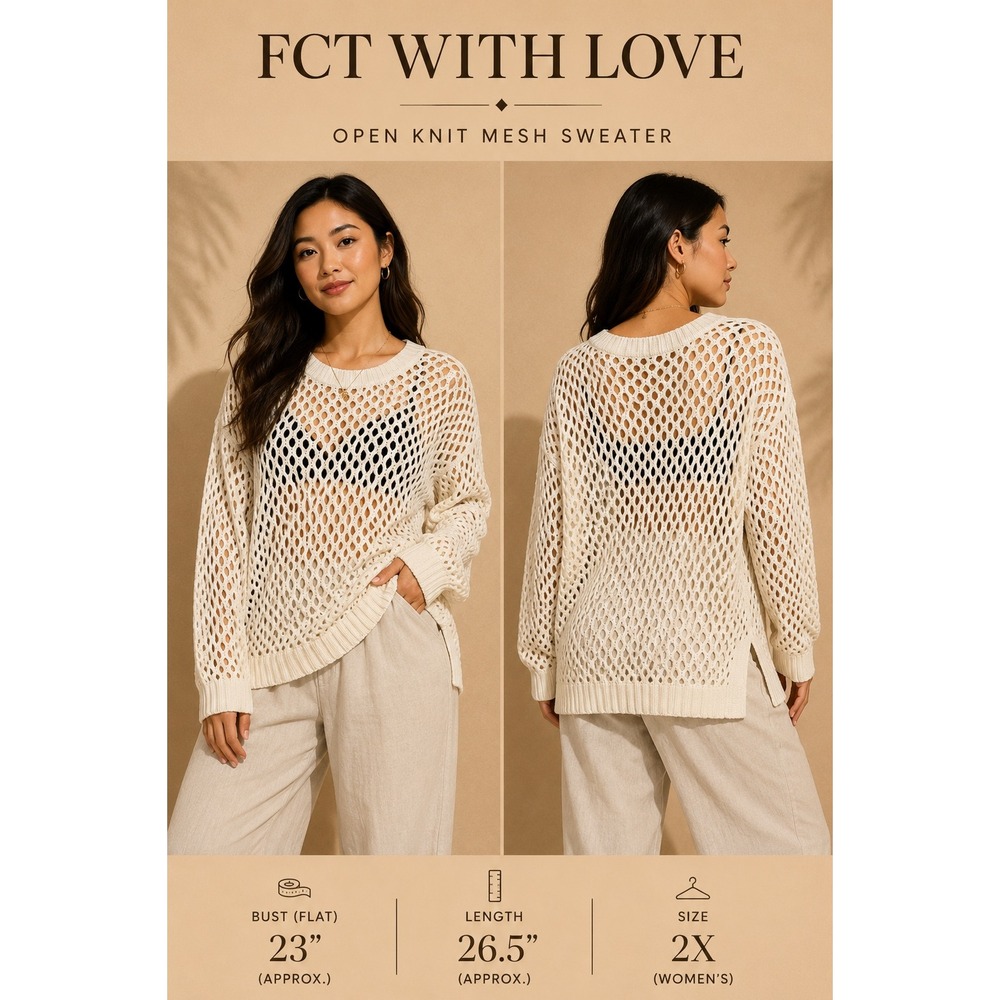 FCT WITH LOVE Cream Open Knit Crochet Sweater 2X Honeycomb Mesh Boho X4K2426S